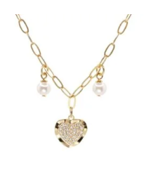 Collar Enchapado en Oro Placa Corazón con Circones y Perlas